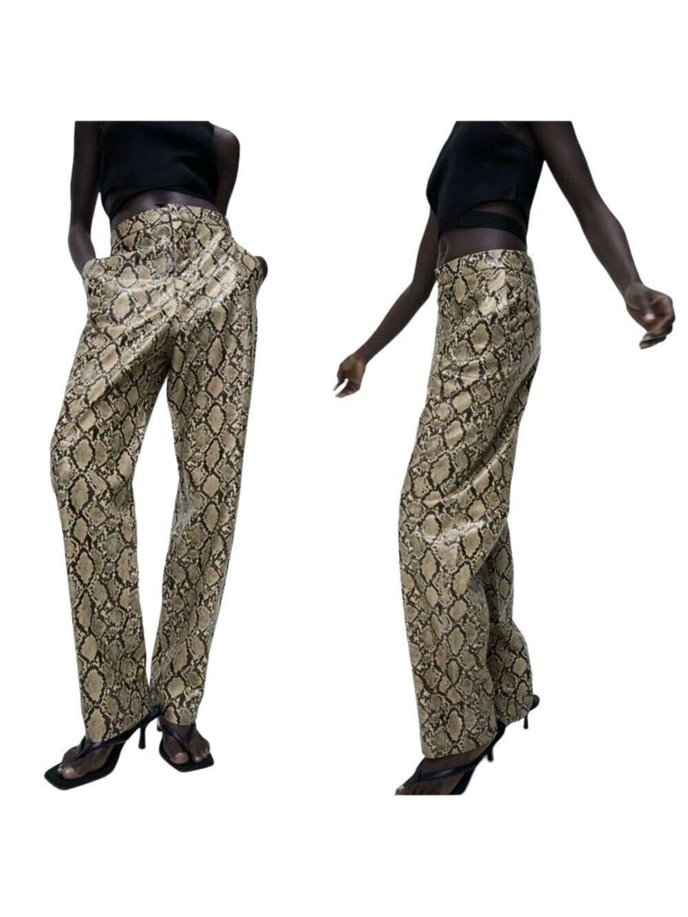 Zara High Rise Snakeskin Animal Print Faux Leather Straight Leg Trousers Pants